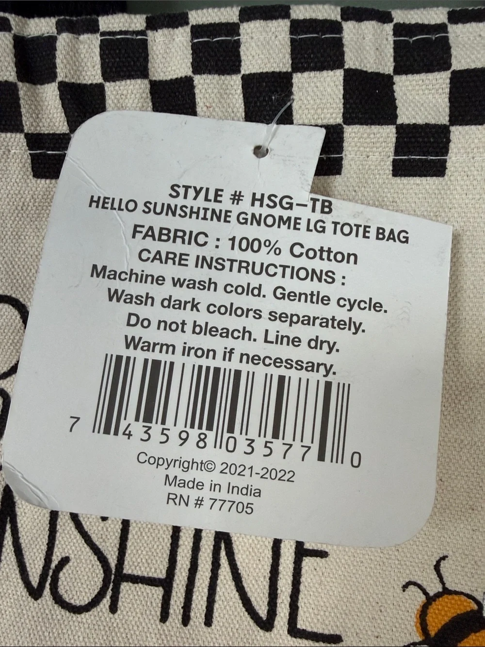 Hello Sunshine Gnome Canvas Tote - Black & Yellow - NWT